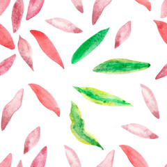 Watercolor hand painted nature romantic pattern with pink flowers petals and green leaves isolated on the white background