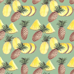 Seamless pattern with juicy halves of bright yellow and whole fruits of brown pineapples on a mint green background. Watercolor hand drawn pattern
