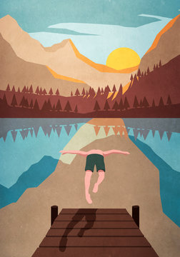 Man jumping off dock into tranquil mountain lake