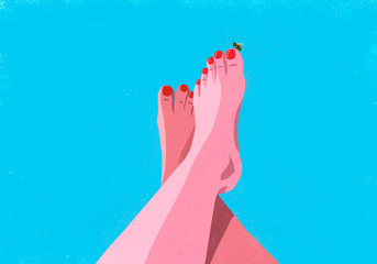Bumble bee landing on big toe of sunburned woman