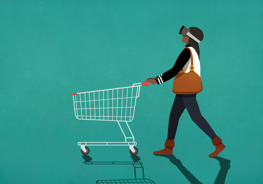 Woman with virtual reality simulator pushing shopping cart