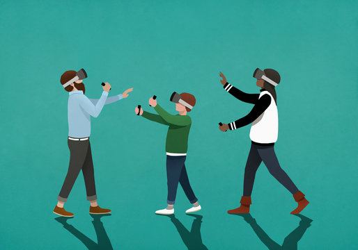 Family using virtual reality simulators