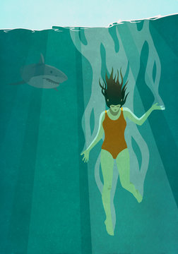 Shark watching oblivious woman dive into ocean