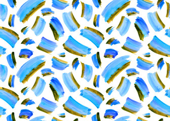 Seamless pattern of watercolor strokes of olive-blue color on a white background.