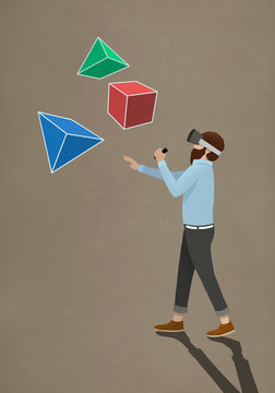 Man with virtual reality simulator glasses looking at 3D geometric shapes