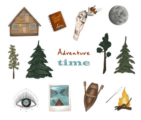 Adventure Time. Travel, forest cabin, notebook, pine trees, the moon, mountains, magic symbols, a boat, a bonfire, marshmallows. Hand-drawn illustration on white isolated background