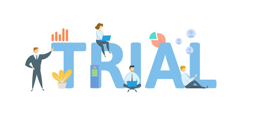 Obraz premium TRIAL. Concept with people, letters and icons. Colored flat vector illustration. Isolated on white background.