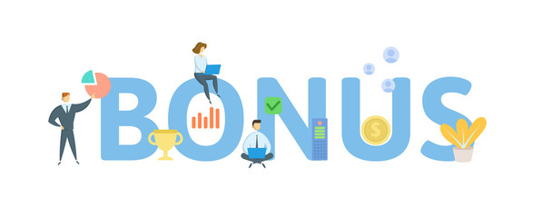 BONUS. Concept with people, letters and icons. Colored flat vector illustration. Isolated on white background.