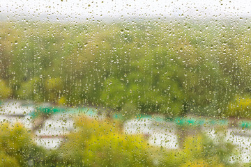 raindrops on glass o and blurred city garden