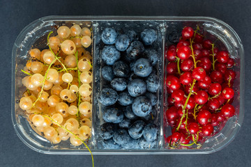 berries of red and white currants and blueberries in plastic packaging.
