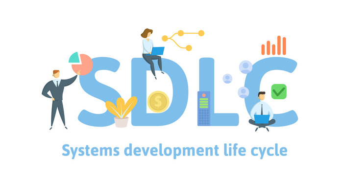 SDLC, Software Development Life Cycle. Concept with people, letters and icons. Colored flat vector illustration. Isolated on white background.