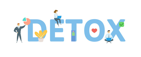 DETOX. Concept with people, letters and icons. Colored flat vector illustration. Isolated on white background.