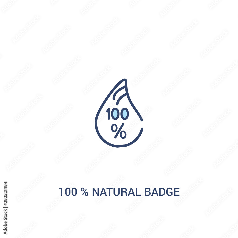 Poster 100 % natural badge concept 2 colored icon. simple line element illustration. outline blue 100 % nat