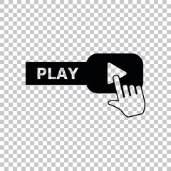 Play button icon with hand sign. Black icon on transparent background. Illustration.