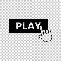 Obraz premium Play button icon with hand sign. Black icon on transparent background. Illustration.