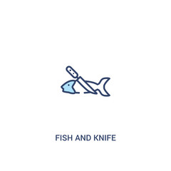 fish and knife concept 2 colored icon. simple line element illustration. outline blue fish and knife symbol. can be used for web and mobile ui/ux.