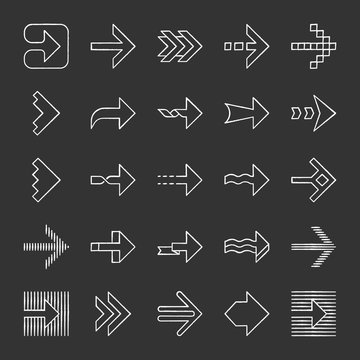 Arrow types chalk icons set. Wavy, notched, striped arrowheads. Dotted, twisted, dashed next arrows. Right pointing sign. Navigation symbol. Direction move. Isolated vector chalkboard illustrations