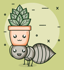 garden flowers plant in pot with ant kawaii style