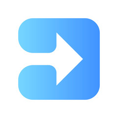 Blue arrow in square flat design long shadow color icon. Play button. Forward indicator, right turn. Arrowhead indicating rightward. Next arrow. Navigation cursor. Vector silhouette illustration