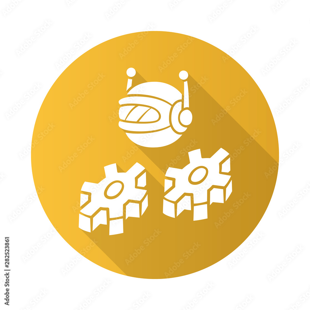 Poster work bot flat design long shadow glyph icon. software application. optimizer robot with cogwheels. c