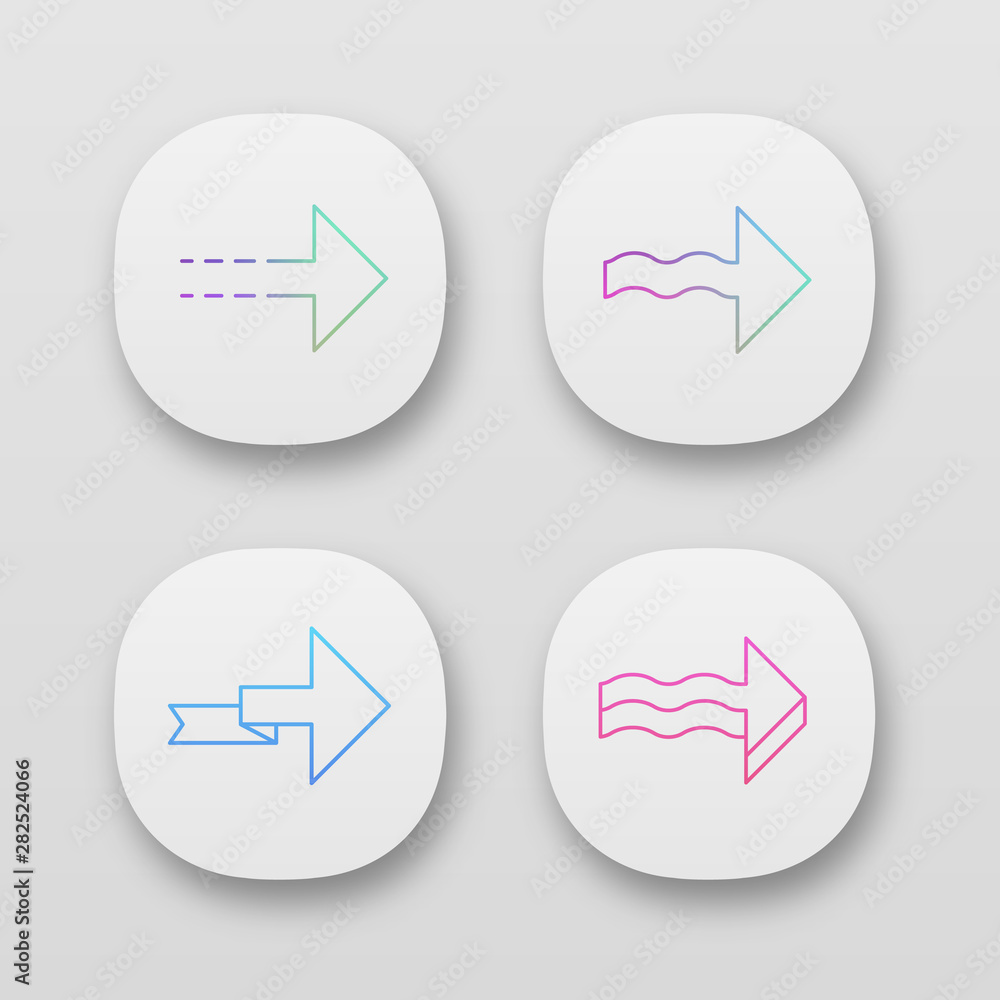 Poster Forward arrows app icons set. Dotted, wavy, folding, next, forward arrows. Rightward direction. Indicating arrowhead. UI/UX user interface. Web or mobile applications. Vector isolated illustrations
