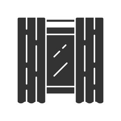 Window panel pair glyph icon. Home decorating drapery fabric. Blackout liner. Room darkening shades on cornice. Grommet curtains. Silhouette symbol. Negative space. Vector isolated illustration