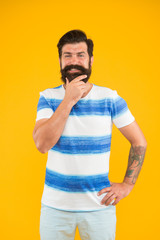 Summer style. Cheerful sailor. Join my wave. Guy dressed striped shirt on summer vacation....