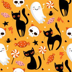 Materiał do szycia Halloween seamless pattern with cute pumpkins, black cat and other halloween elements. Halloween vector background. EPS 10