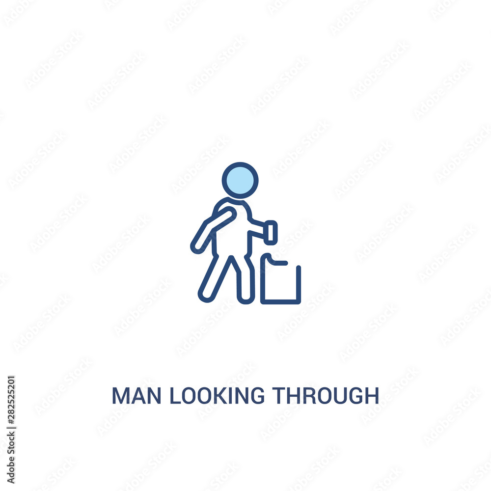 Poster man looking through the garbage container concept 2 colored icon. simple line element illustration. 
