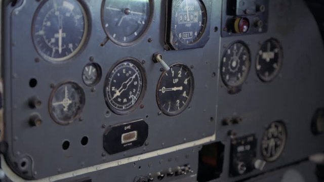 4K Close up footage of the inside of an old plane cockpit