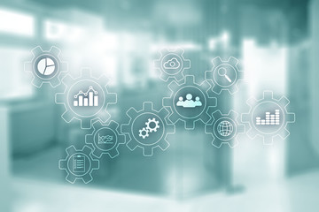 Blurred Office Space. Business Technology process abstract diagram with gears and icons. Workflow...
