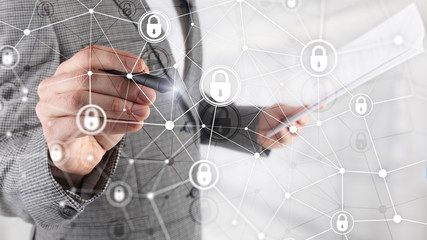 Cyber security, information privacy, data protection concept on modern server room background. Internet and digital technology concept