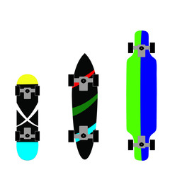 Vector flat black and colourful skateboard and longboard icon set collection good for background,logo. isolated on white background