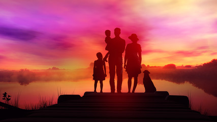 Family on wooden pier at bright sunset background