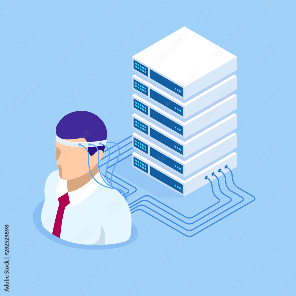 Poster isometric connecting artificial intelligence to the human brain. technology and engineering, future 