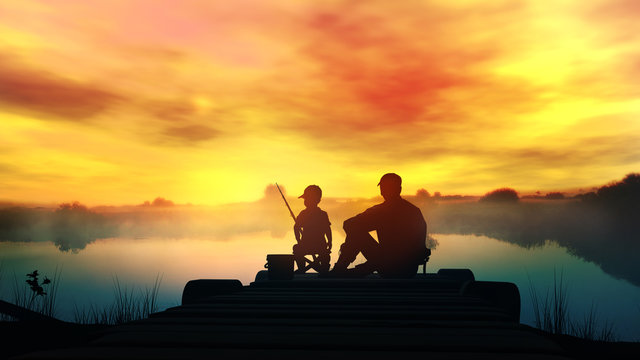 Father with son fishing in the river at dawn