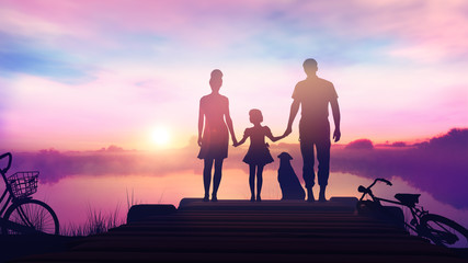 Family with a child standing on a wooden pier and admiring the sunset