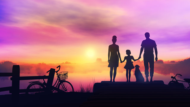 The Family Admires The Sunset From The Pier After A Bike Ride