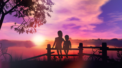 Fototapeta na wymiar Children on a bike ride sitting on the fence against the backdrop of summer sunset on the river