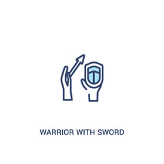 warrior with sword and shield concept 2 colored icon. simple line element illustration. outline blue warrior with sword and shield symbol. can be used for web and mobile ui/ux.