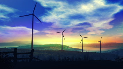 Beautiful landscape with wind power plants at sunrise