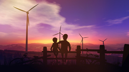 Fototapeta na wymiar Children watch wind power stations at sunset