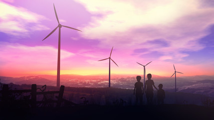 Fototapeta na wymiar Children at sunset watching the wind power stations work