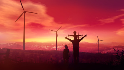 Father with children watching wind power plants at sunset