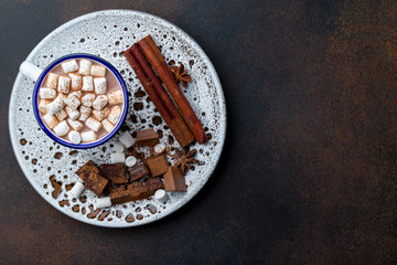 hot chocolate in an iron mug with marshmallow on dark rustic background. Copy space, top view