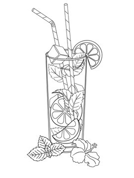 Glass cup with lemonade, tea or mojito. Drink with ice cubes and drinking straws - vector linear image for coloring. Outline.