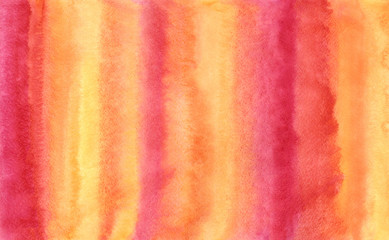 Yellow, orange, red, pink striped autumn watercolor background. Fire, tropical or sunset colors aquarelle fill. Colorful watercolour texture with parallel stains. Hand drawn rectangle text template.