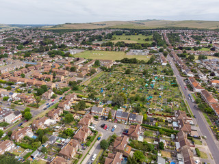 Aerial photo of the town of Shoreham-by-Sea, a seaside town and port in West Sussex, England UK,...