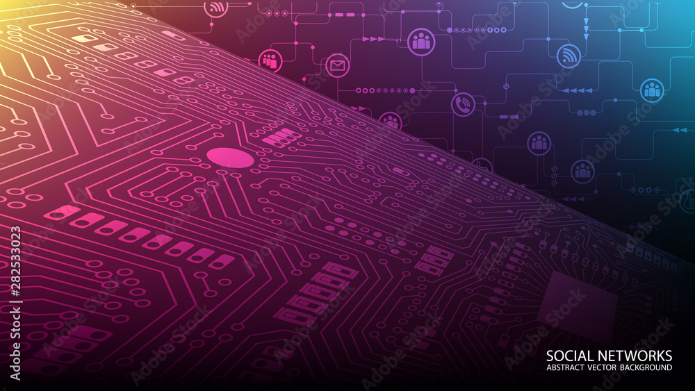 Poster abstract technology background. social networks and the global internet. computer board and microcir