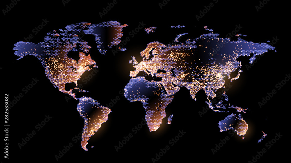 Aufkleber vector. map on a black background. planet earth from space. flickering lights of cities and megaciti